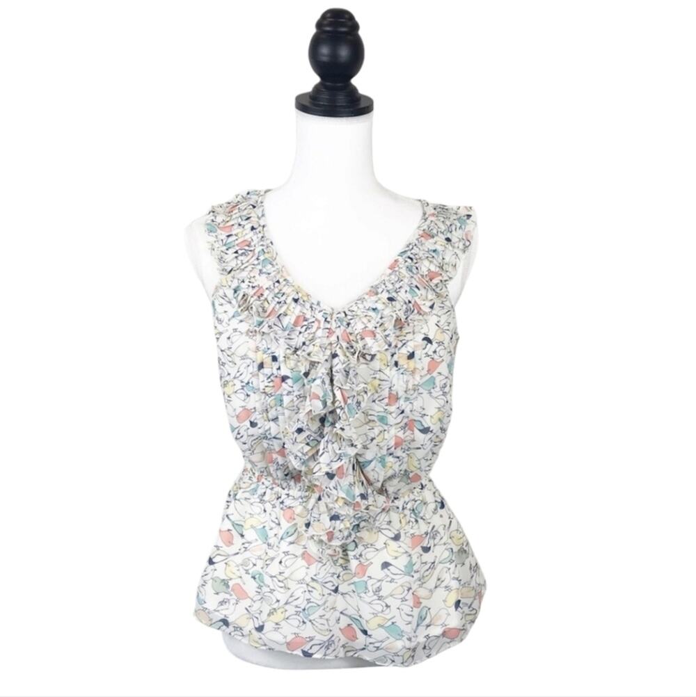 LC Lauren Conrad Bird Print Ruffled Sleeveless Blouse with Elastic Waist Small
